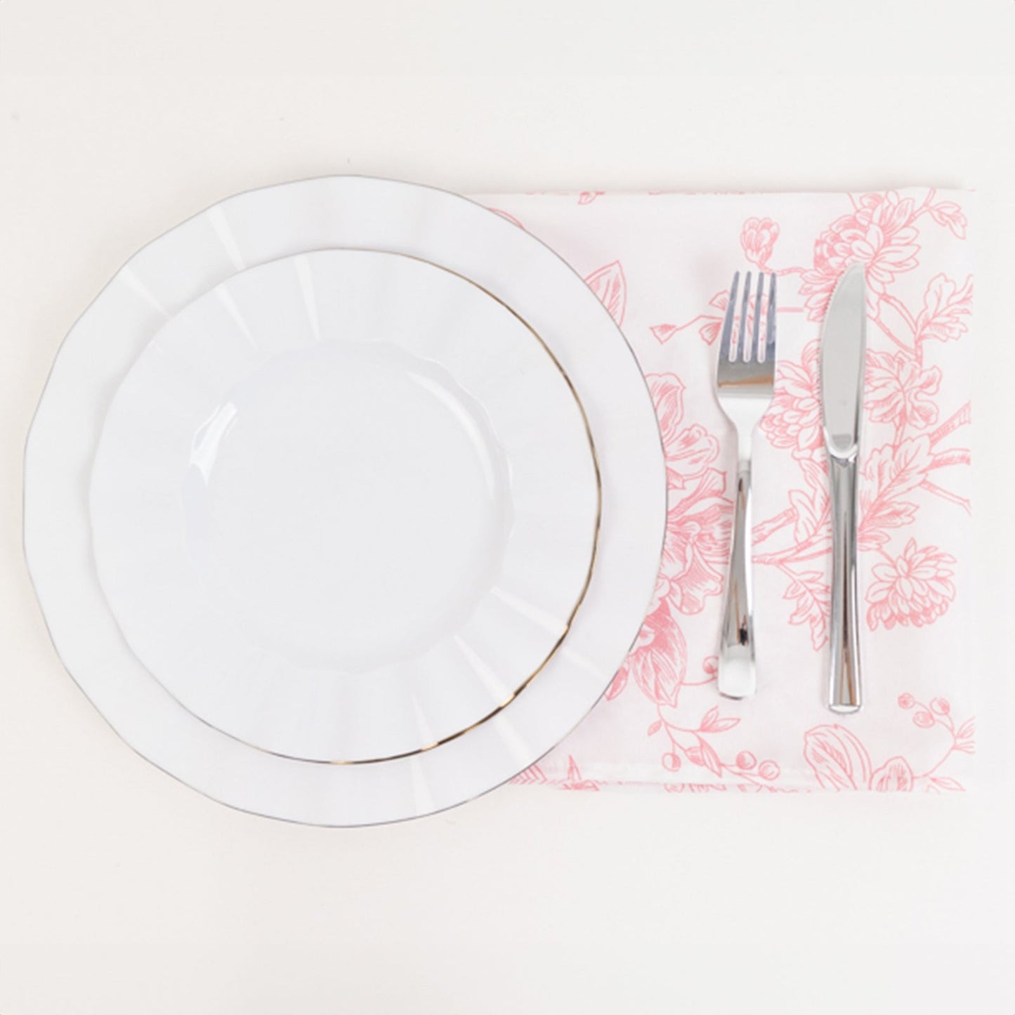 5 Pack Polyester 20"x20" Dinner Napkins White with Pink French Toile Pattern - Reusable Floral Cloth Napkins