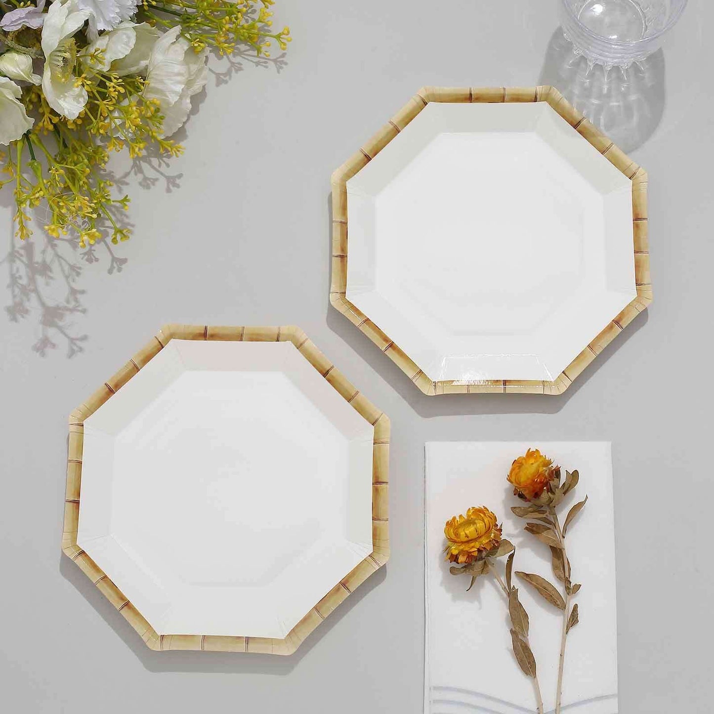 25-Pack Paper Octagonal Dessert Plates 7" White with Bamboo Print Rim - Disposable Geometric Appetizer Salad Plates for Garden Parties & Tropical Themed Events