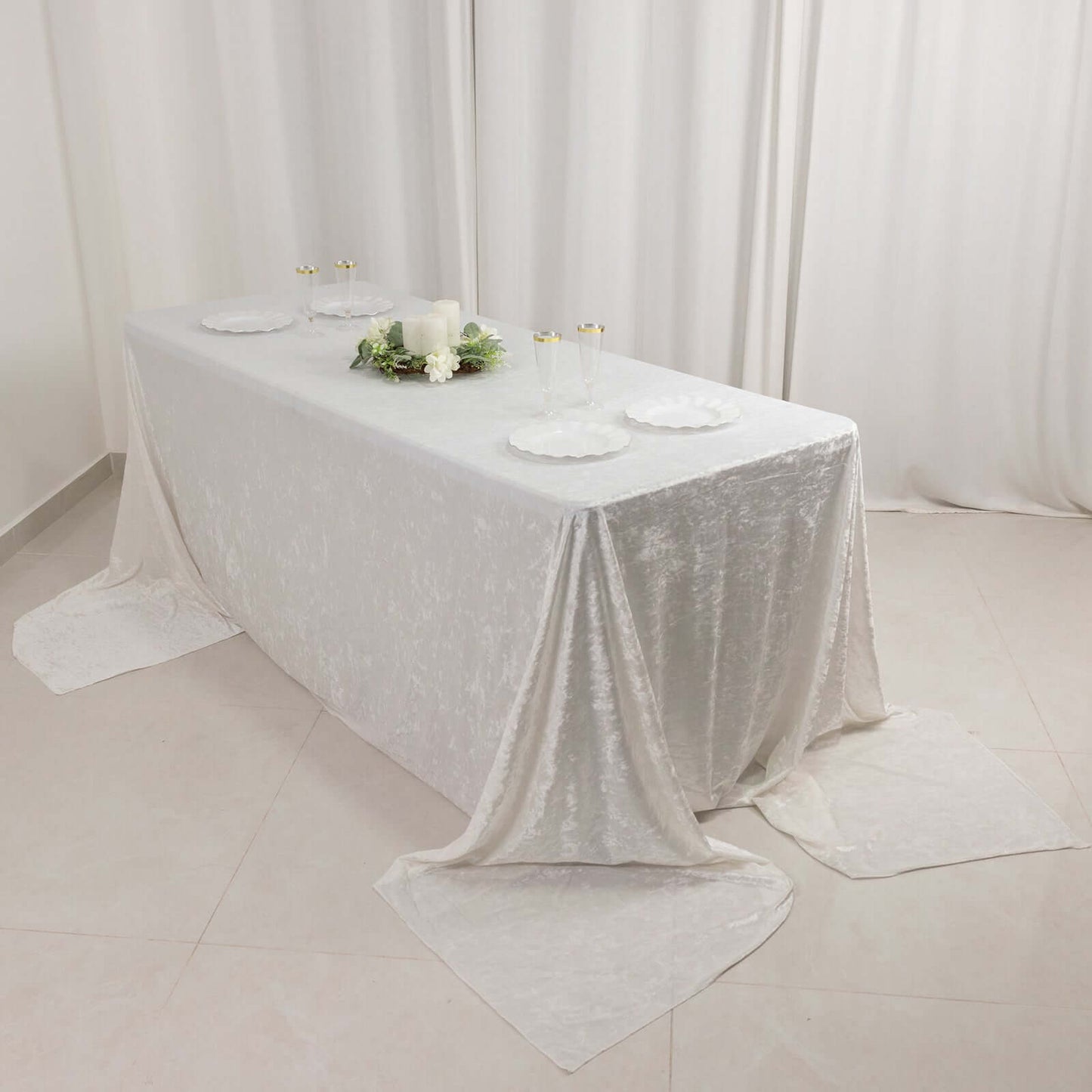 Premium Crushed Velvet 90"x156" Rectangle Tablecloth White - Reusable Soft & Sophisticated Seamless Table Cover