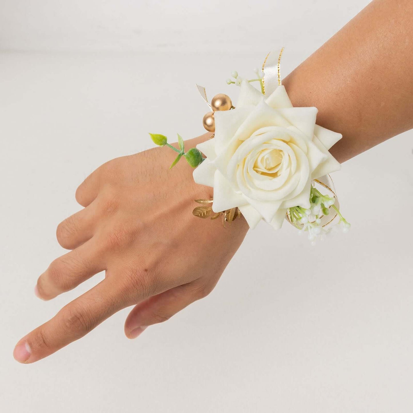 2 Pack White Artificial Rose Wrist Corsages With Pearls, 4" Flower Bracelet Wedding Accessories
