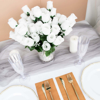 12 Bushes White Artificial Premium Silk Flower Rose Bud Bouquets