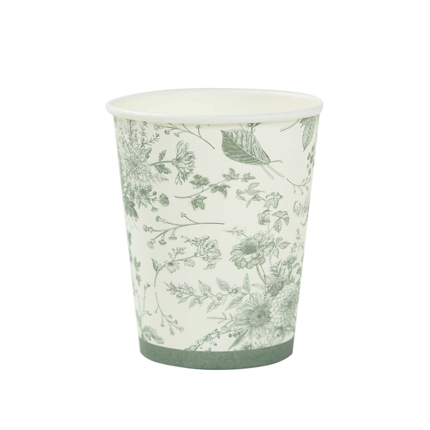 24 Pack Disposable Paper Cups in White Sage Green French Toile Pattern, Elegant Party Cups - 9oz