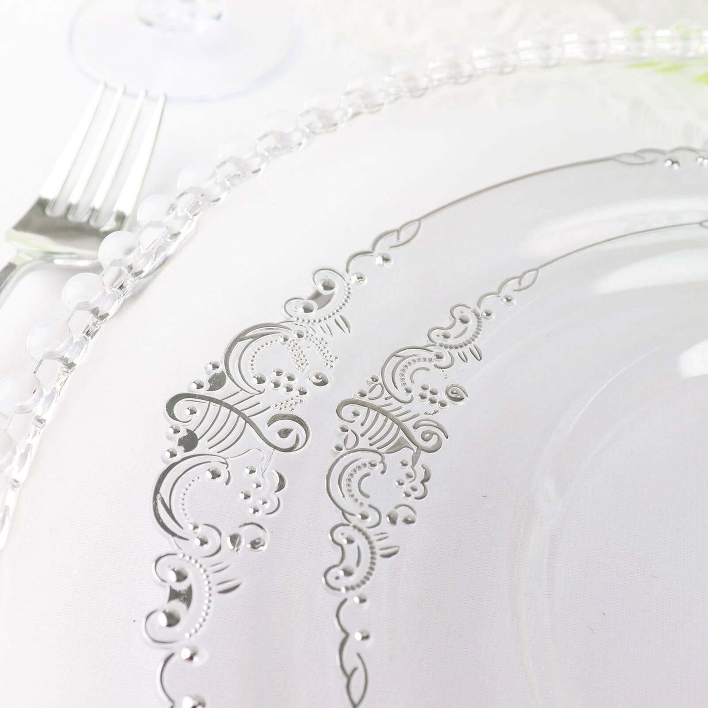 10-Pack Plastic 8" Round Dessert Plates in Clear with Silver Leaf Embossed Rim - Disposable Vintage Baroque Style Salad Plates