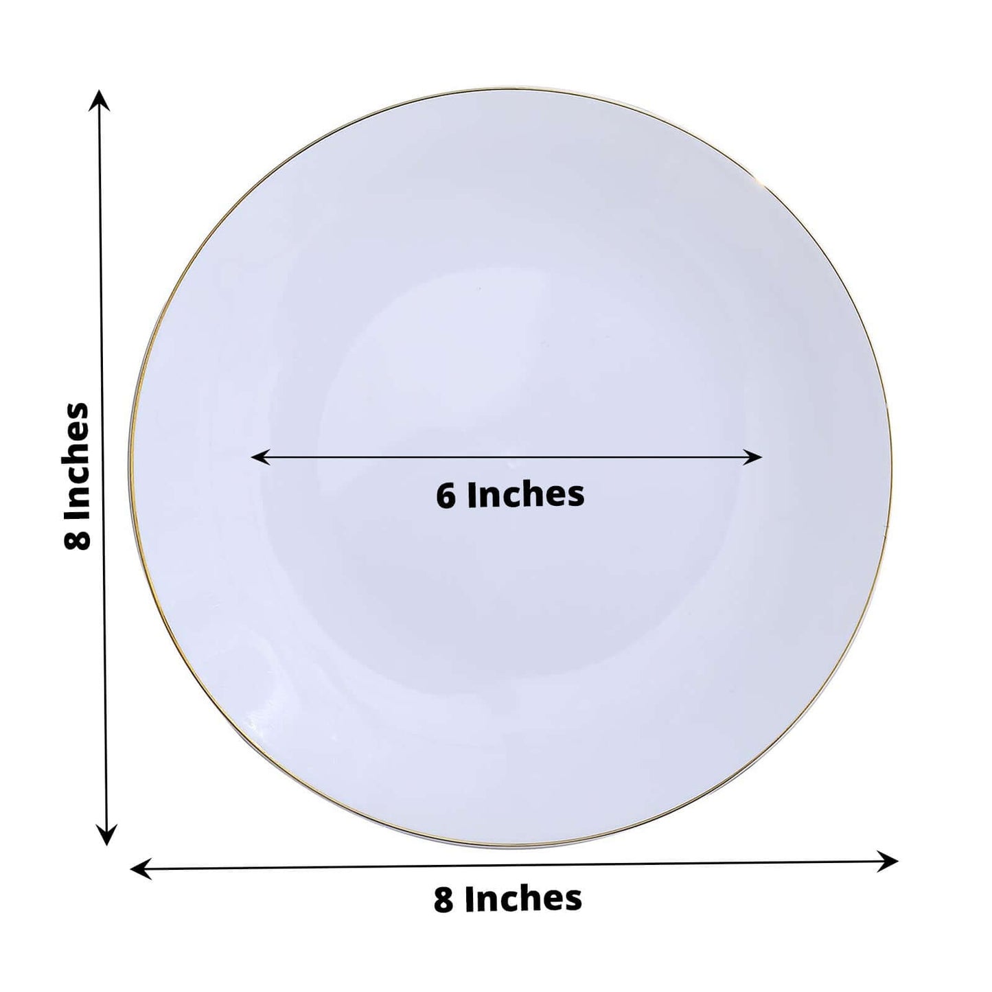 10-Pack Plastic 8" Round Dessert Plates in White with Gold Rim - Glossy Disposable Appetizer Salad Plates for Banquets & Special Occasions