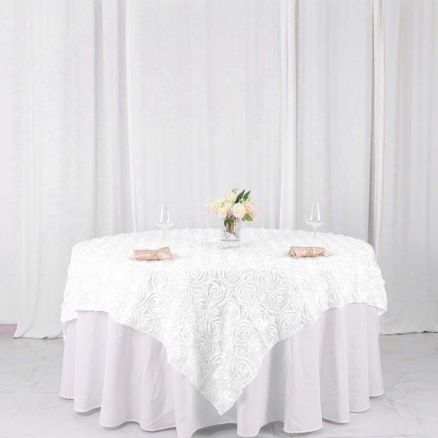 Satin 72"x72" Table Overlay Square Tablecloth White - 3D Rosette Design for Stylish Occasions