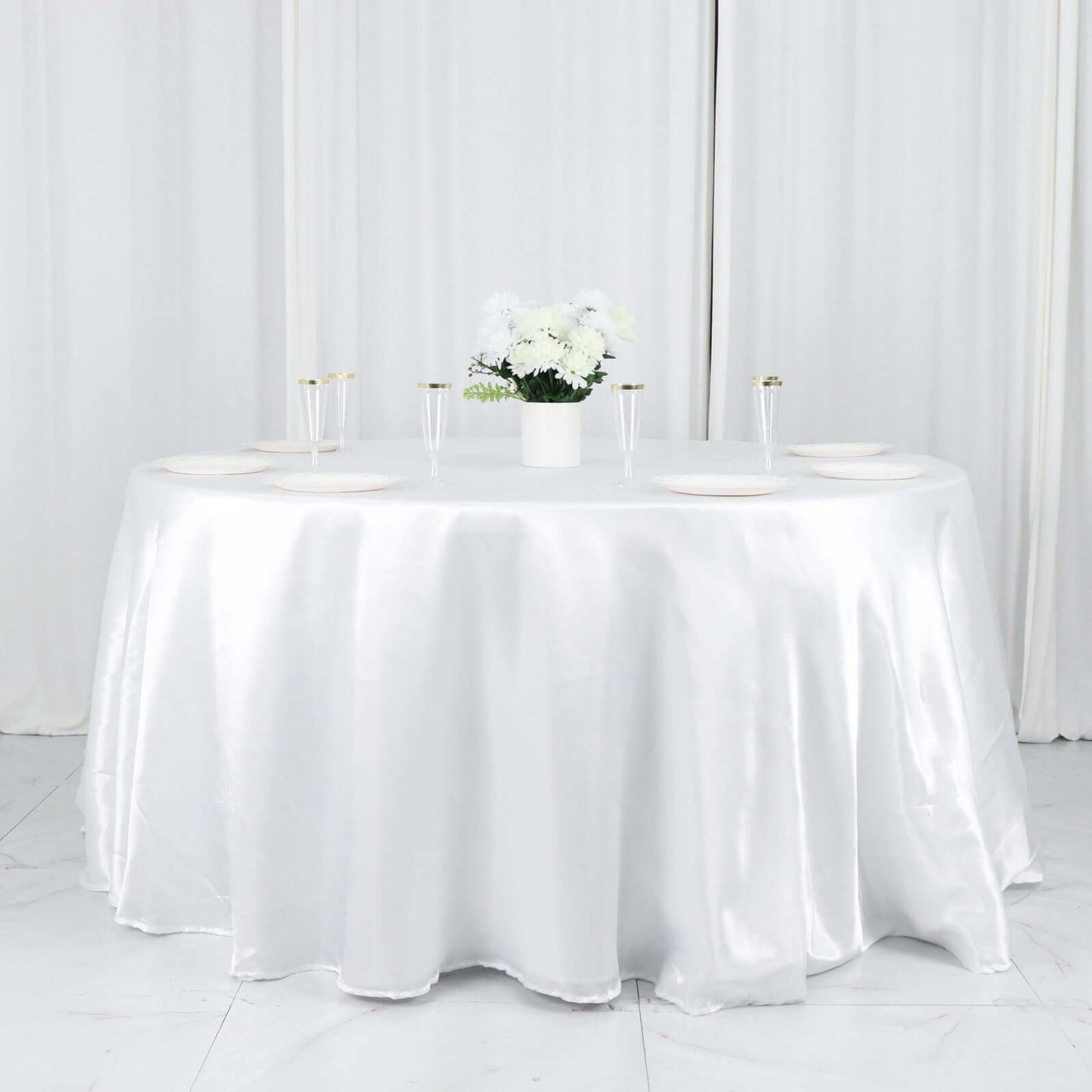 Satin 132" Round Tablecloth White - Stylish Seamless Table Cover for Weddings & Events