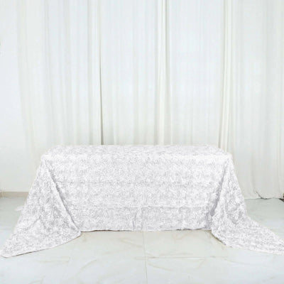 Satin 90"x156" Rectangle Tablecloth White - Grandiose 3D Rosette Design with Seamless Finish for Sophisticated Celebrations