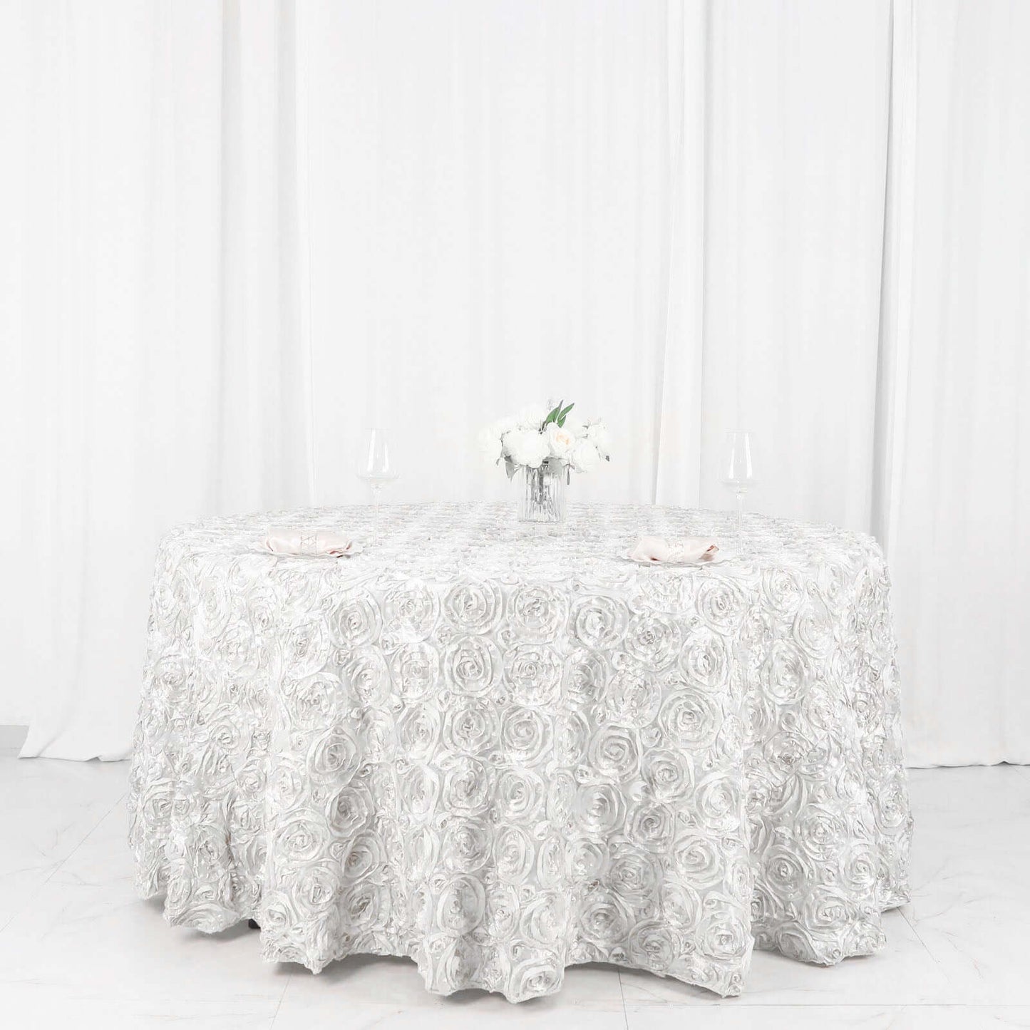 Satin 120" Round Tablecloth White - Grandiose 3D Rosette Design with Seamless Finish for Luxe Events