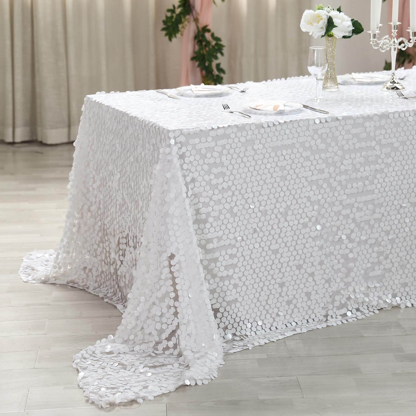 Sequin 90"x132" Rectangle Tablecloth White - Seamless Big Payette Design for Sophisticated Occasions