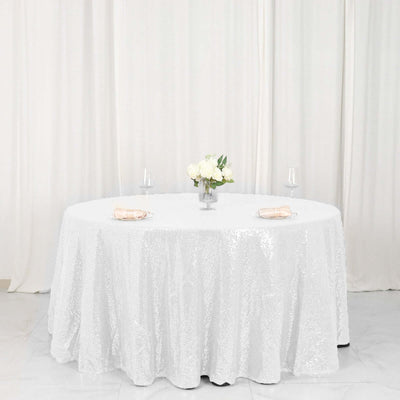 Sequin 120" Round Tablecloth White - Seamless Glittering Design for Sophisticated Events