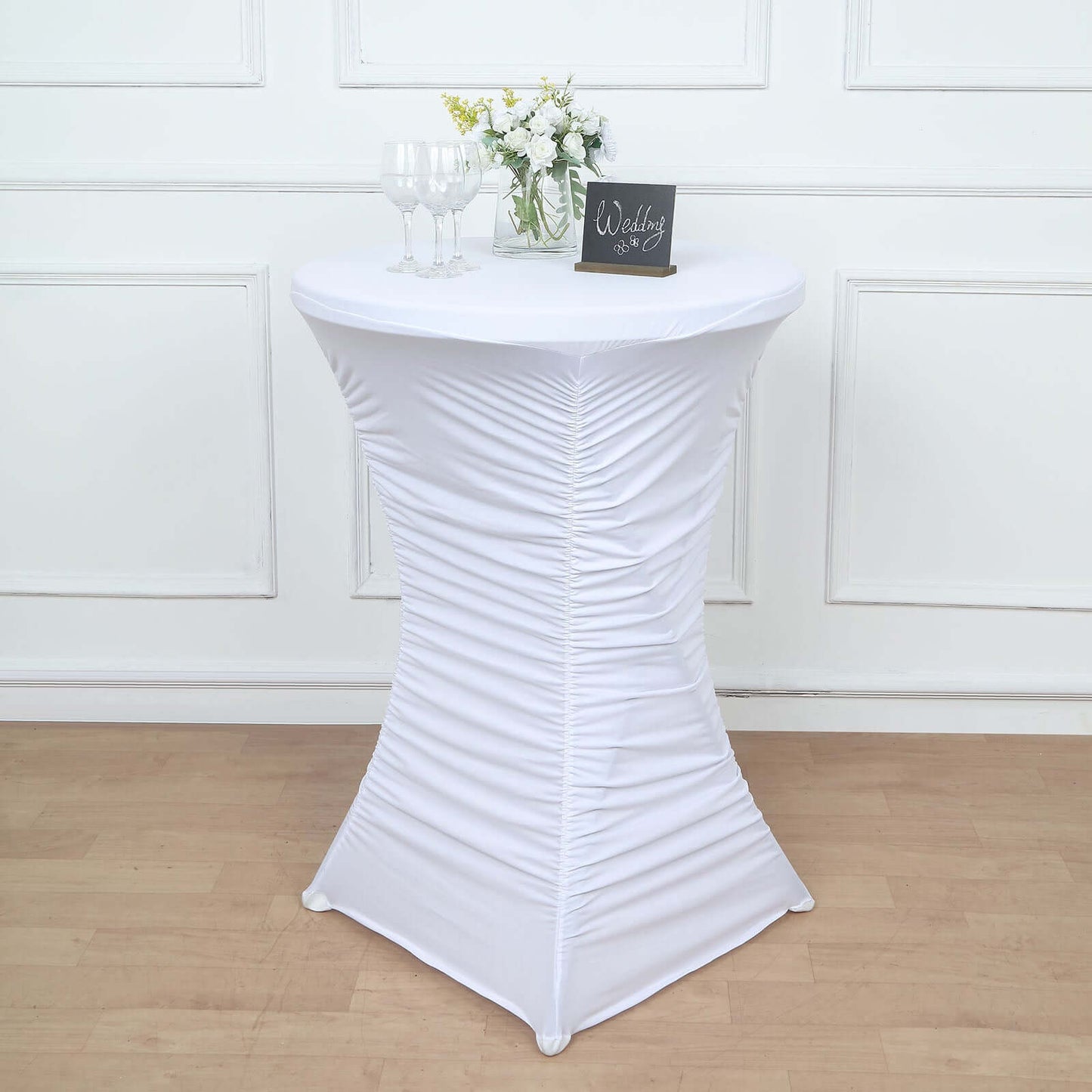 Heavy Duty Spandex 30" Fitted Round Cocktail Table Cover White Ruched Pleated - Durable Stretch Design