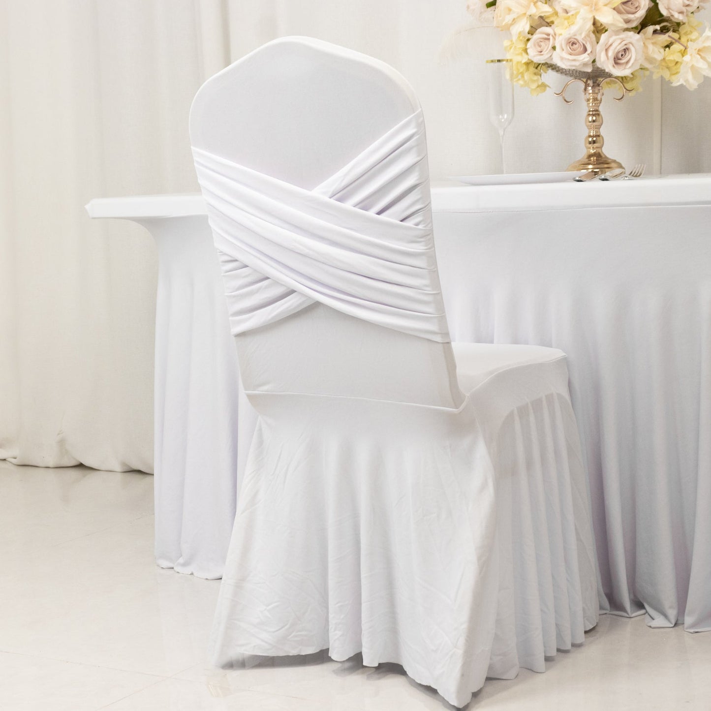White Spandex Banquet Chair Cover with Ruffle Skirt & Cross Back Sash â€“ Stretch Slipcover for Events