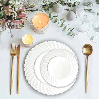 12-Pack Plastic Dessert Plates Glossy White Swirl Rim - Lightweight Round Salad Plates 6"
