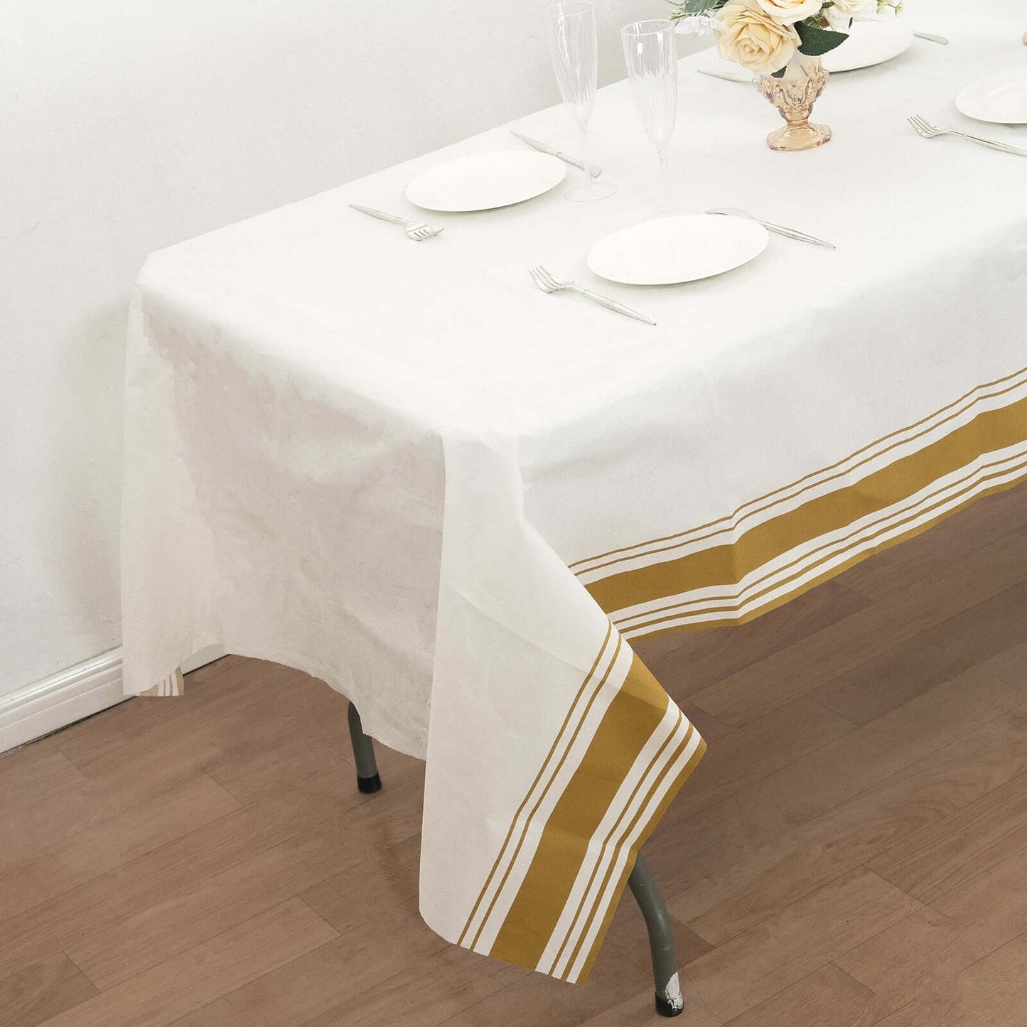 Linen-Like Paper 50"x108" Rectangle Tablecloth White - Disposable Airlaid Table Cover with Gold Striped Border