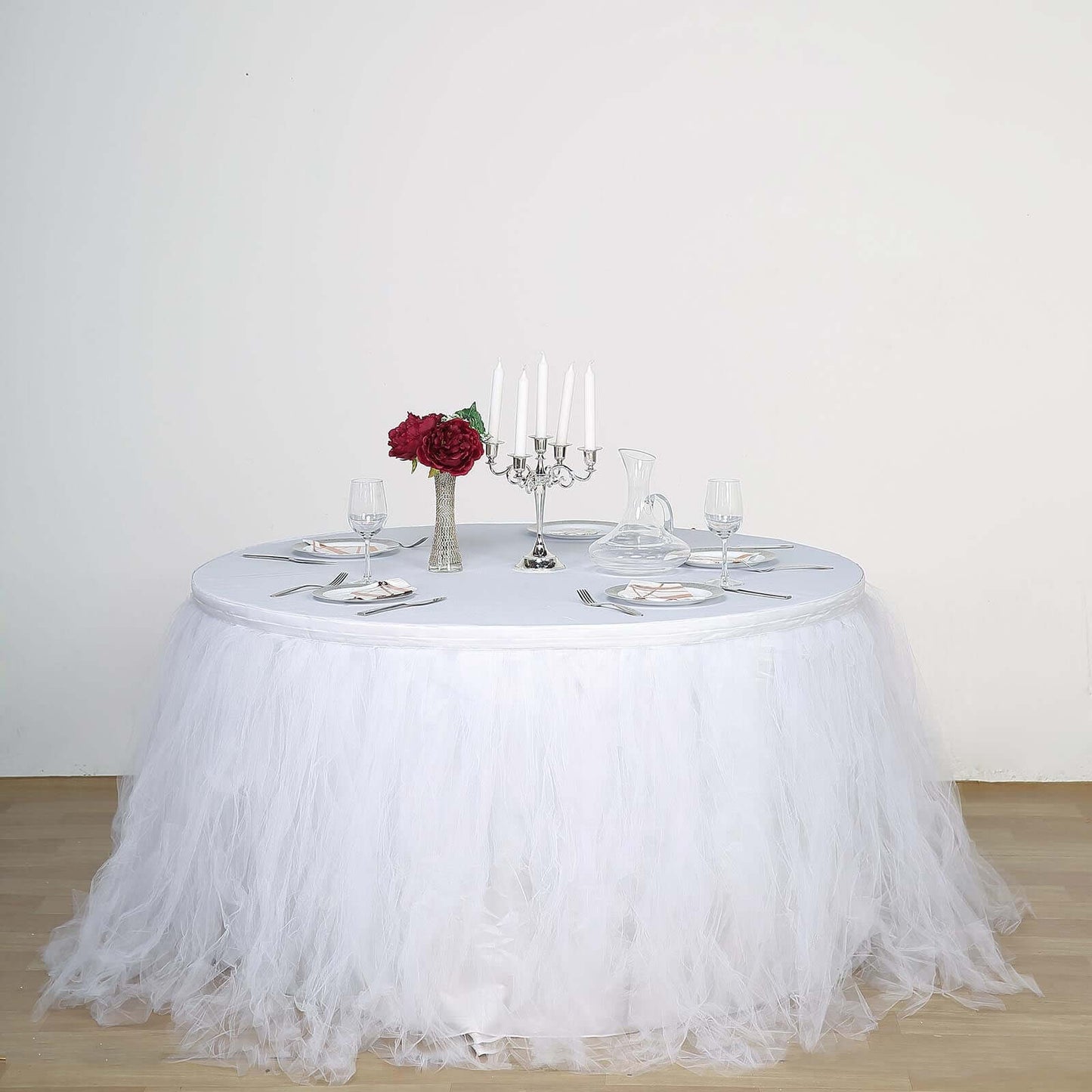 Tulle 14ft Table Skirt White - 4 Layer Pleated Tutu Chic & Soft Event Table Cover