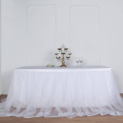Extra Long Tulle 17ft Table Skirt White with Satin Edge - Table Cover for Baby Showers & Events