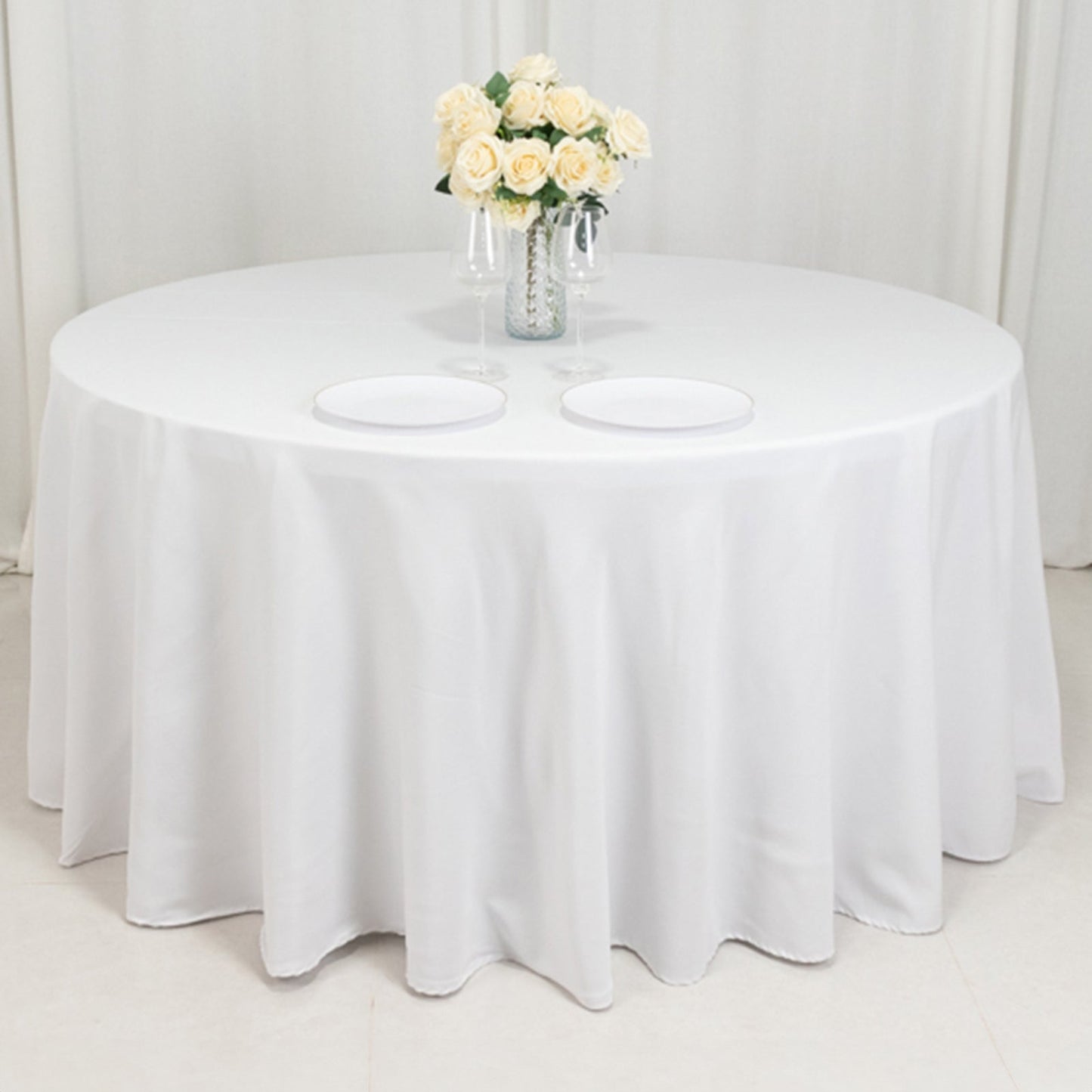 Fire Retardant Premium Polyester 120" Round Tablecloth White - Stylish High-Performance Seamless Table Cover for Large Gatherings