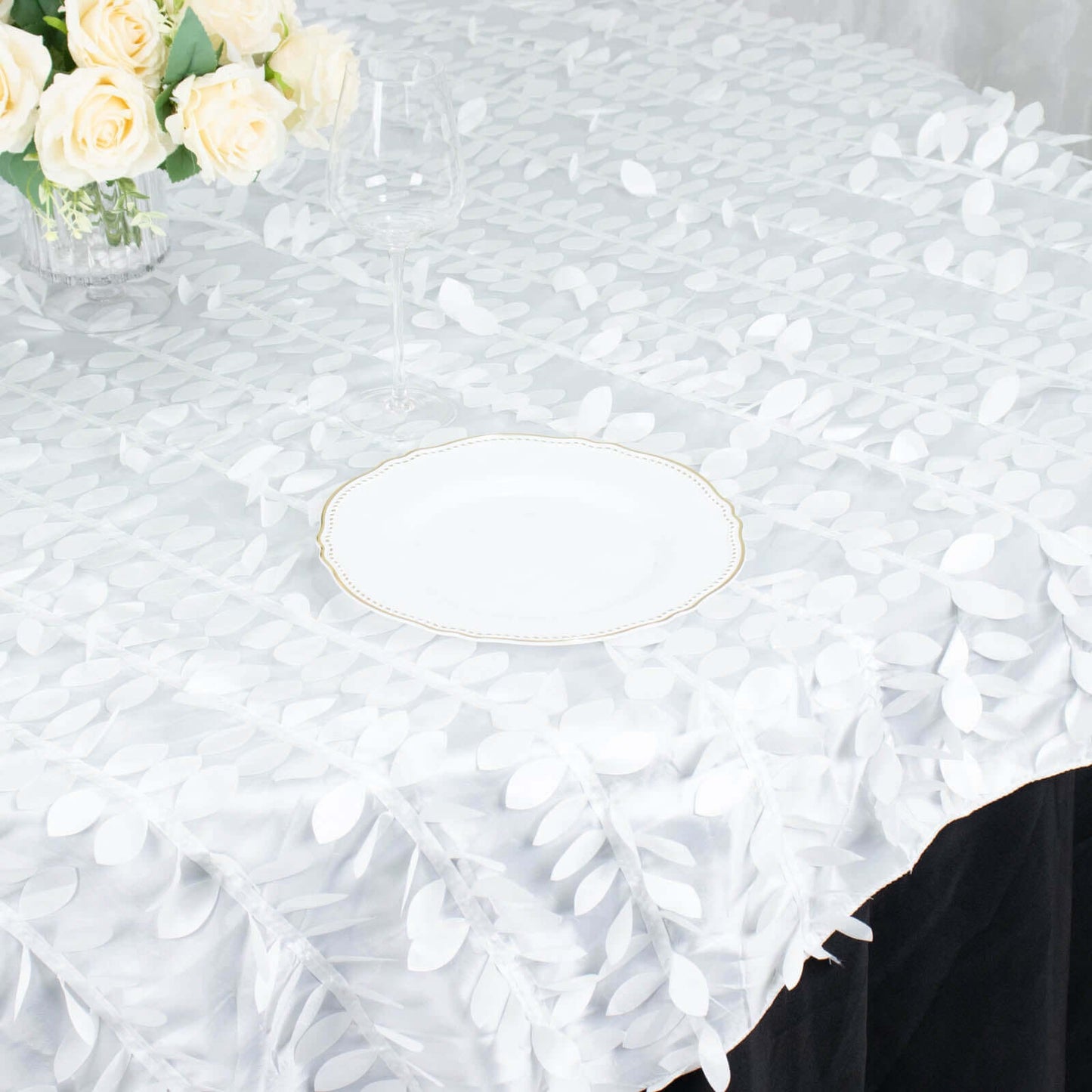 Taffeta 72"x72" Table Overlay Square Tablecloth White 3D Leaf Petal Design for Stylish Celebrations