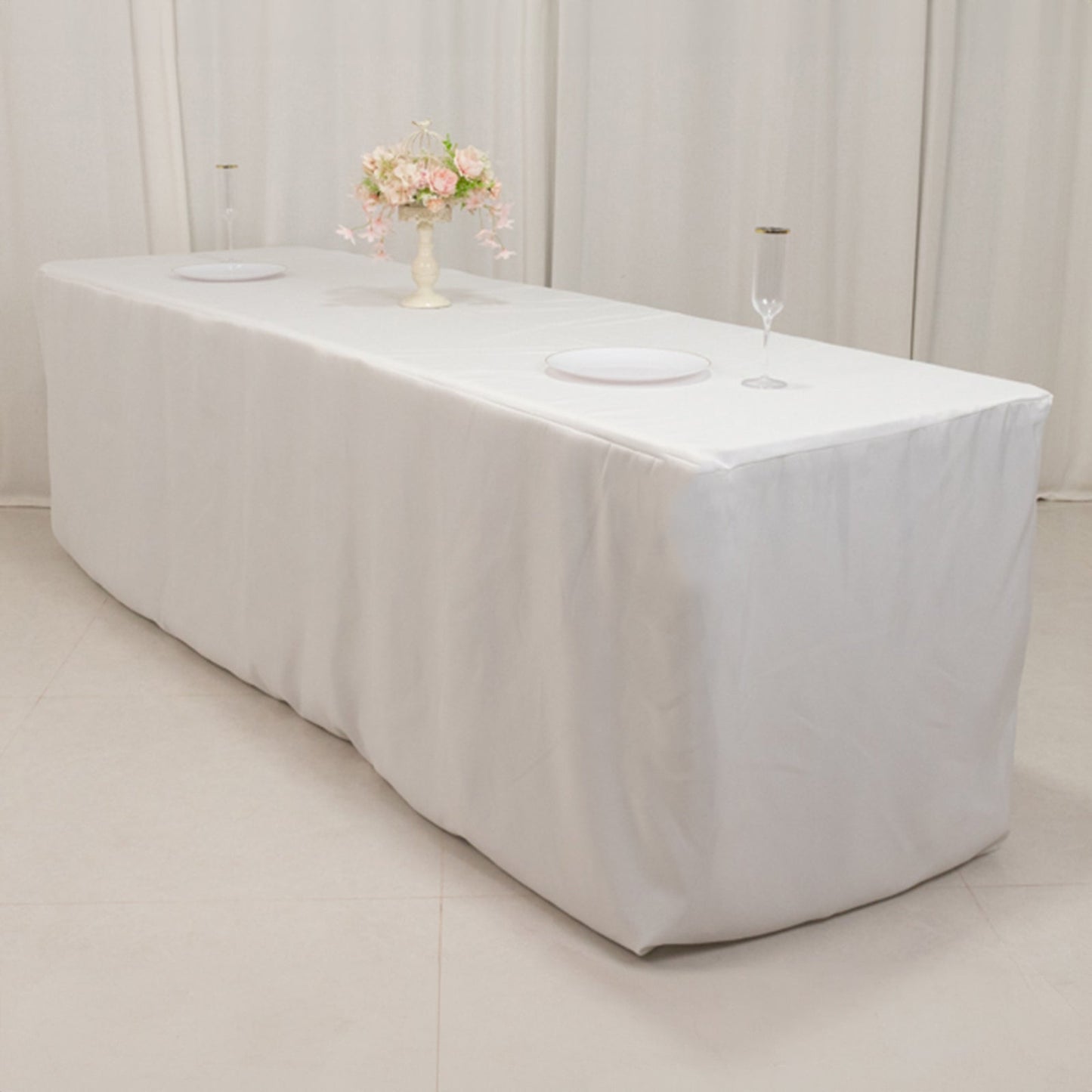 Premium Polyester 8ft Rectangle Tablecloth White Durable Fitted 220GSM Table Cover for Trade Shows & Events