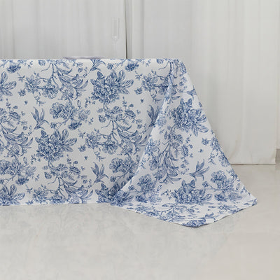 Polyester 90"x132" Rectangle Tablecloth White - Seamless Blue French Toile Pattern for Upscale Events