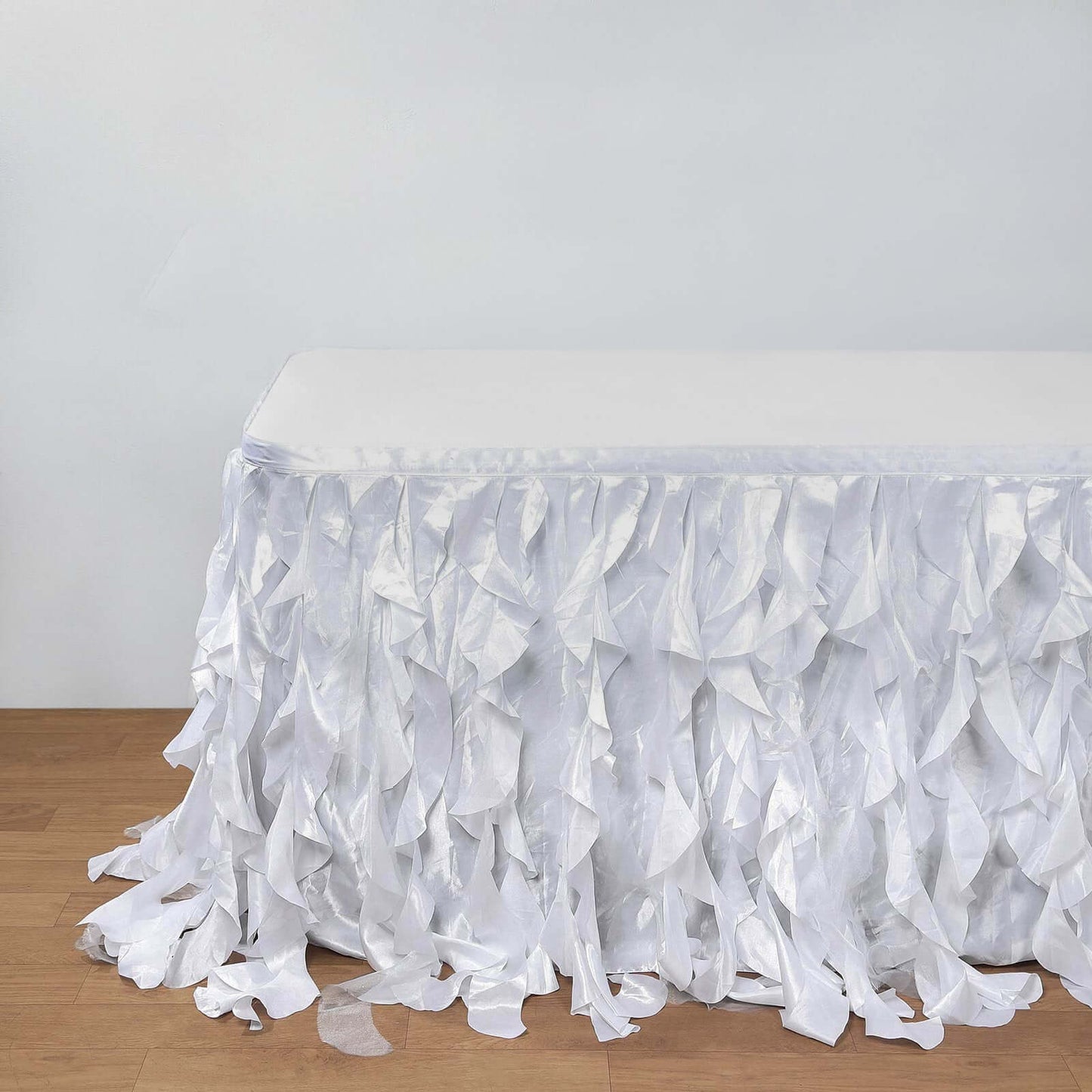 Taffeta 21ft Table Skirt White Cascading Curly Willow Style for Weddings & Banquets