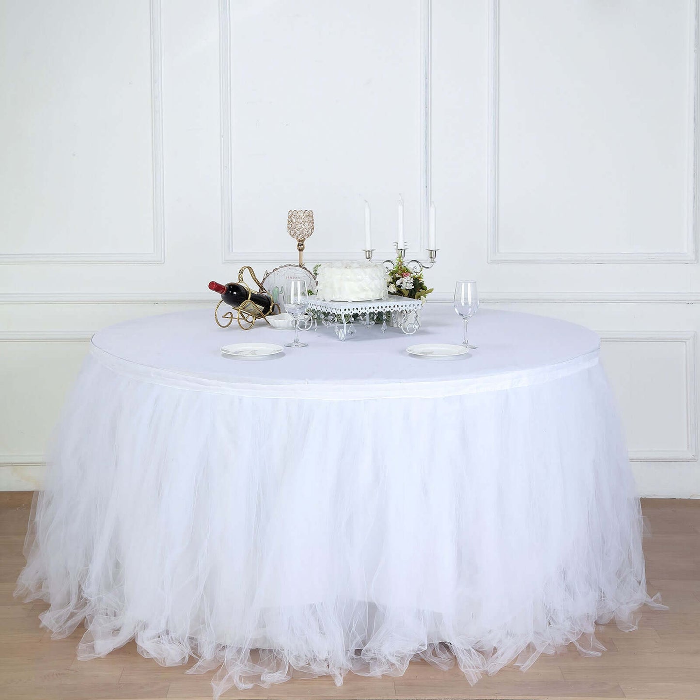 Tulle 17ft Table Skirt White - 4 Layer Pleated Tutu Chic & Soft Event Table Cover