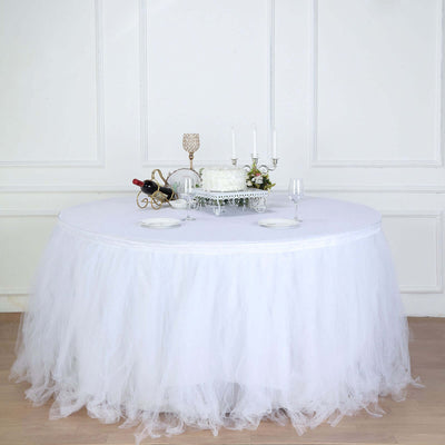 Tulle 17ft Table Skirt White - 4 Layer Pleated Tutu Chic & Soft Event Table Cover