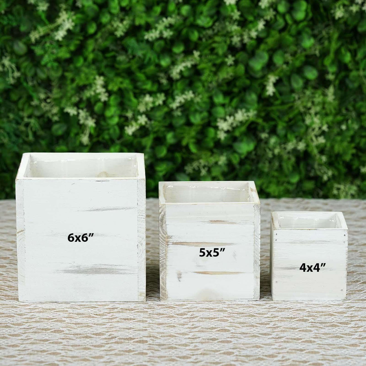 2 Pack 5" Whitewash Square Wood Planter Box Set With Removable Plastic Liners