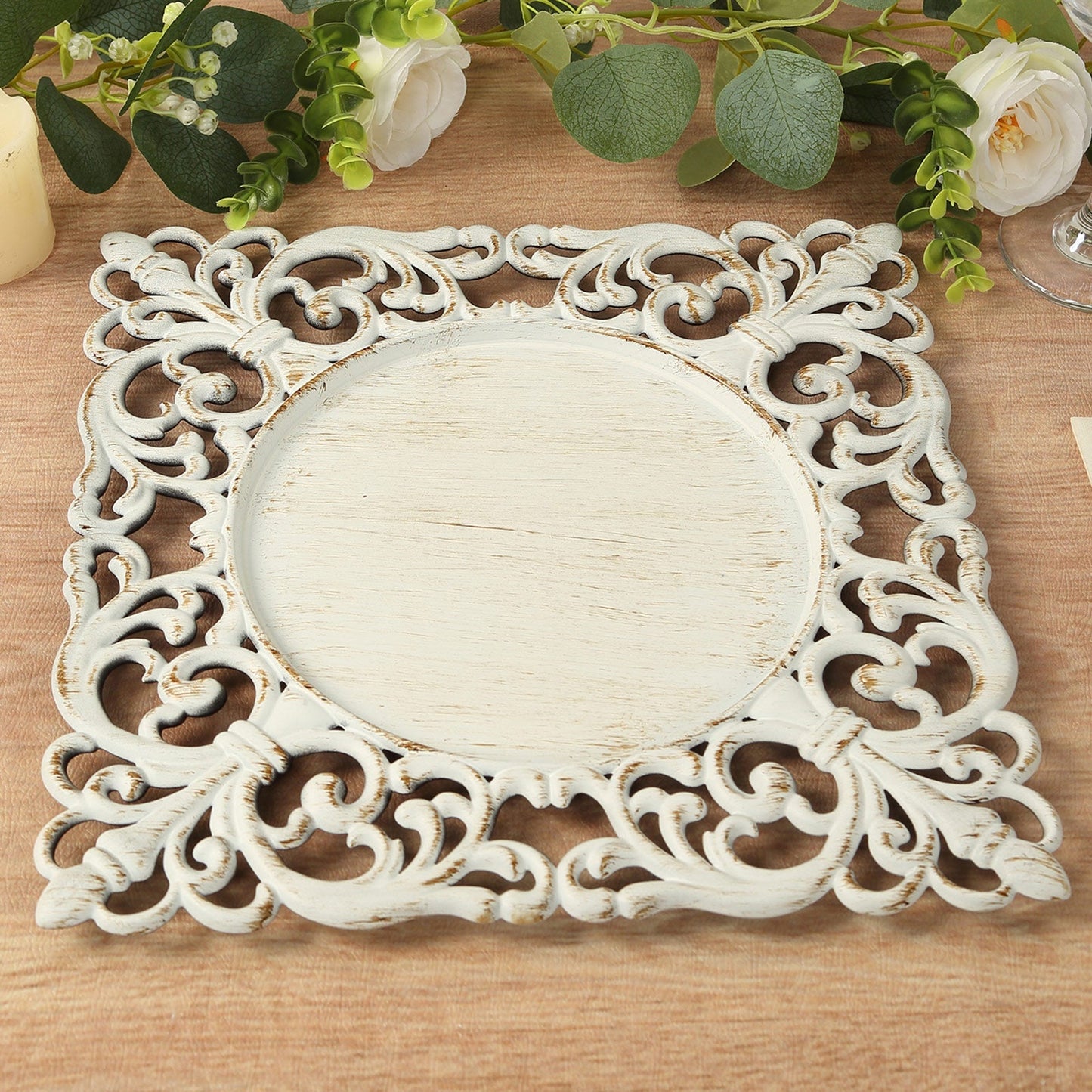 6-Pack Acrylic Square Charger Plates 12" Antique White with Hollow Lace Border, Event Tabletop Decorative Charger Tableware