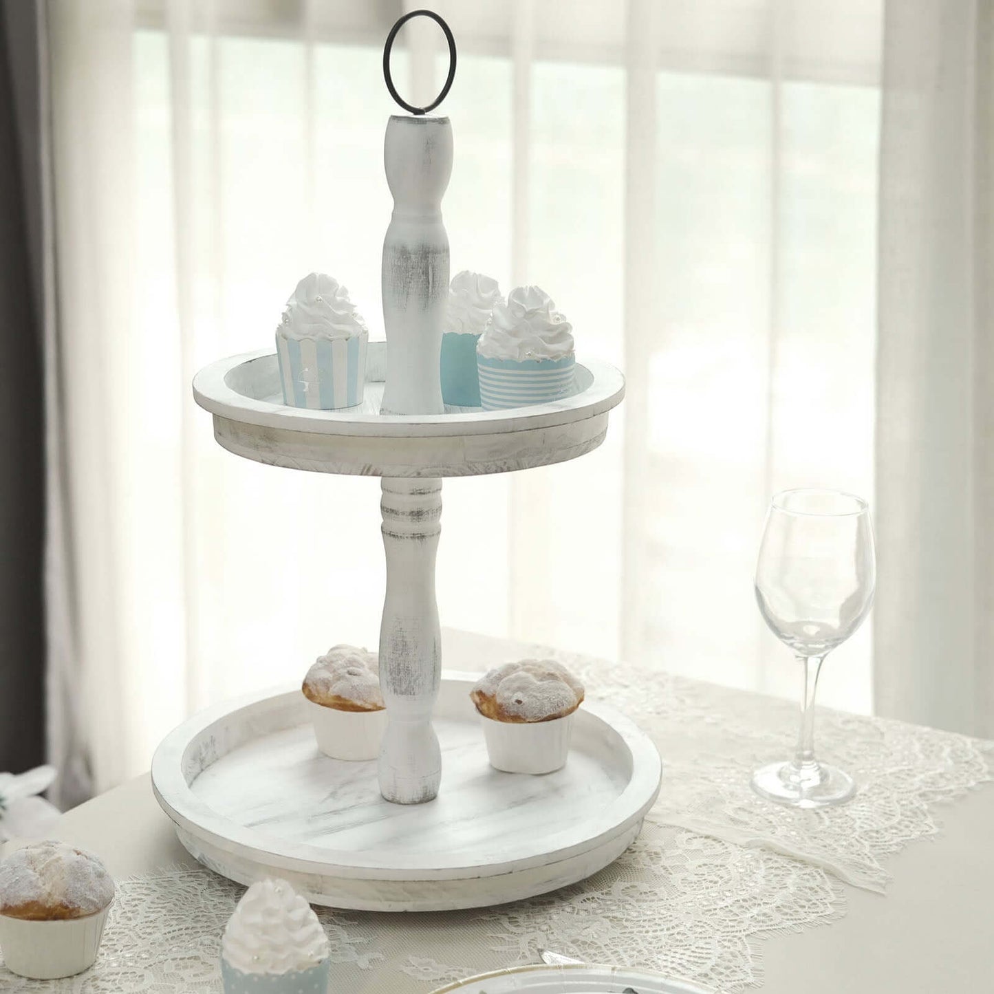 2-Tier Wooden Serving Tray Stand Rustic Whitewashed Design - Farmhouse Style Cupcake Display 20"