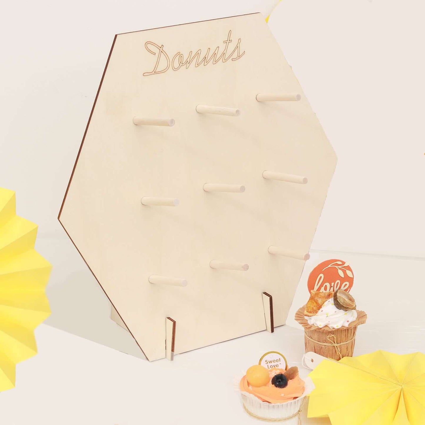 Wooden Hexagon Donut Wall Stand - Space Saving Detachable Rustic Chic Doughnut Pegboard Dessert Display Pretzel Bagel Holder 13"