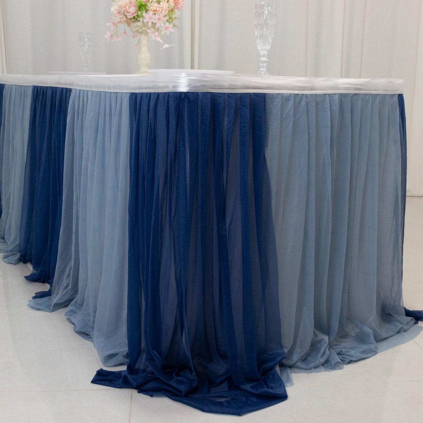 14ft Sheer Pleated Ruffle Skirting Chiffon Table Skirt - Navy Blue and Dusty Blue, Shimmer Sheer, Wrinkle-Free Fabric