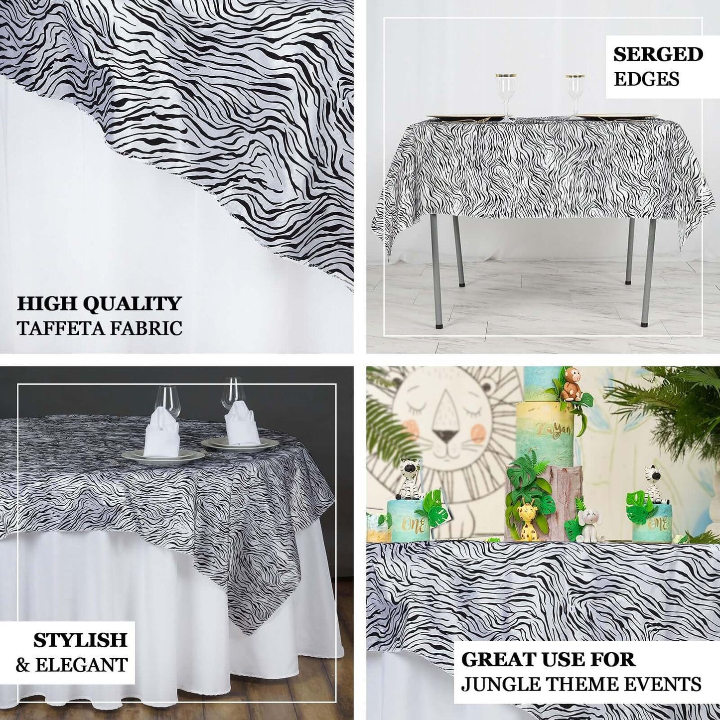 Taffeta 72"x72" Table Overlay Black and White -Tiger Print Design for Jungle Theme Parties
