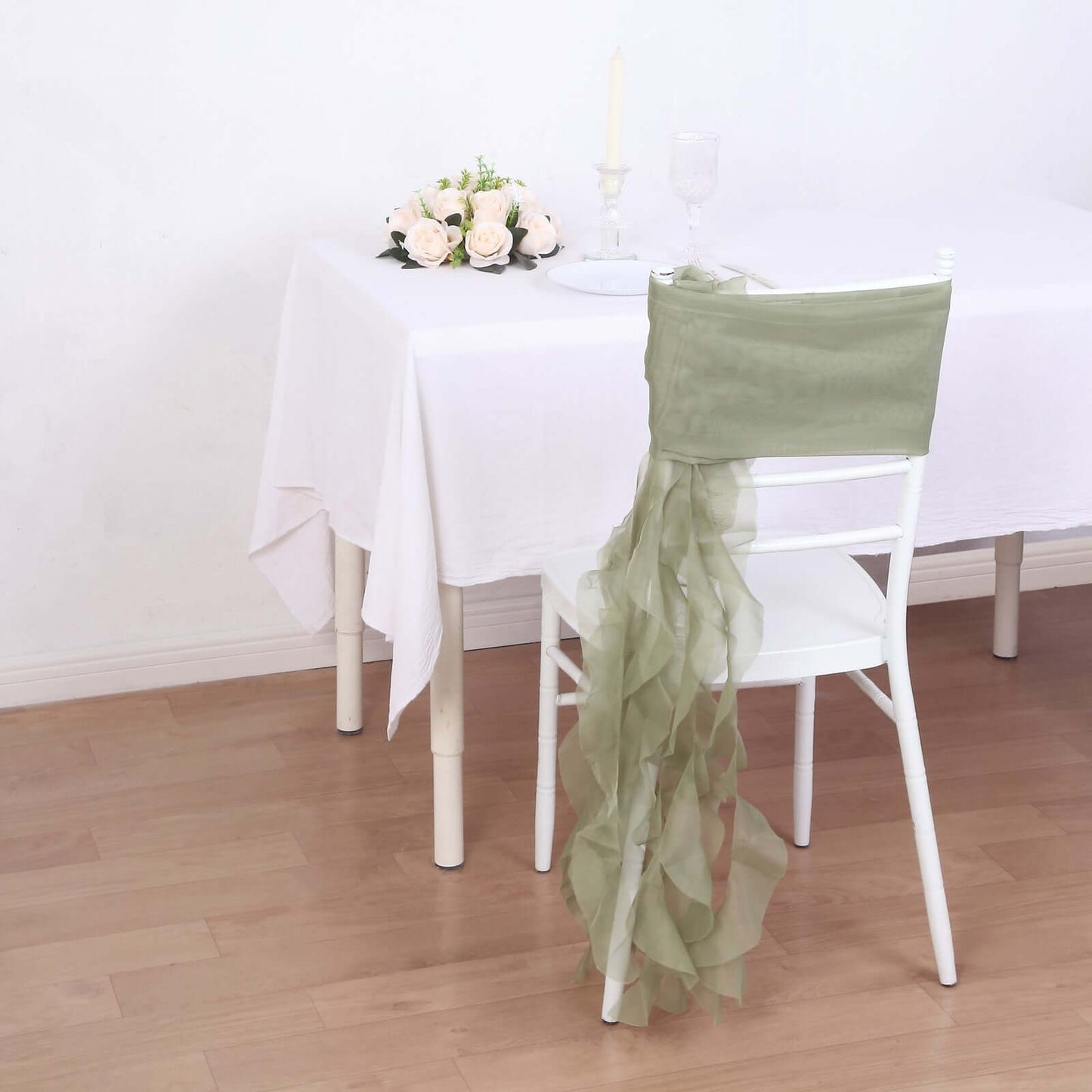 1 Set Chiffon Hoods Chair Sashes with Willow Ruffles Design Dusty Sage Green - Stylish Chair Bow Decor