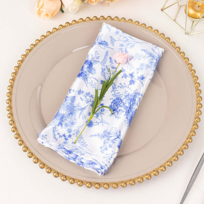 5 Pack Satin 20"x20" Napkins White/Blue French Toile Pattern - Classy & Easy to Maintain Cloth Napkins for Weddings & Events
