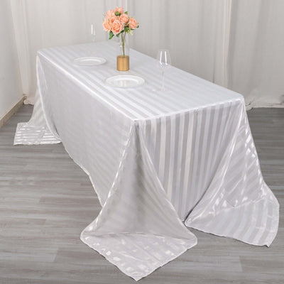 Satin Striped 90"x132" Rectangular Tablecloth White - Seamless Silky Smooth Wedding Decor