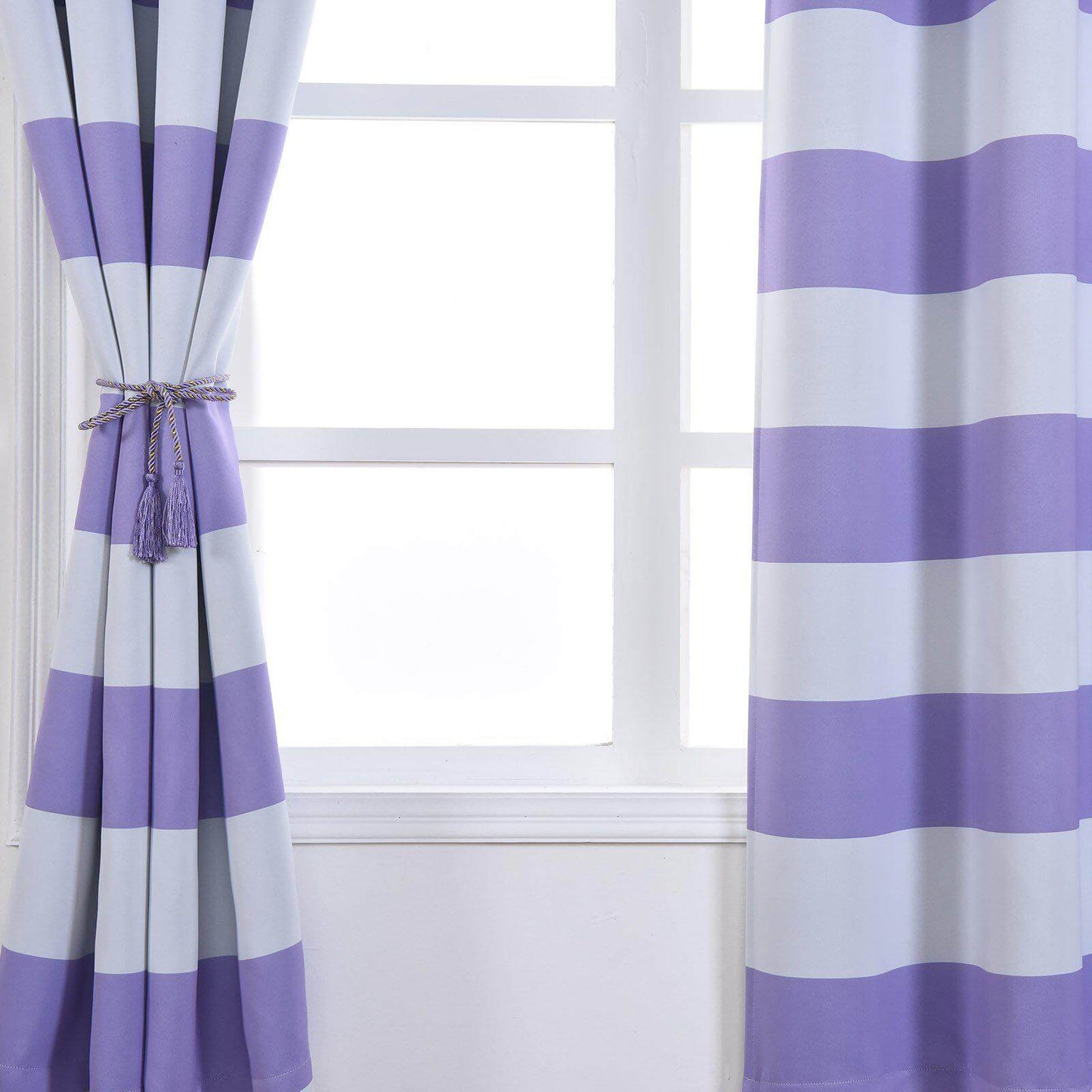2 Pack White Lavender Lilac Cabana Stripe Thermal Blackout Curtains With Chrome Grommet Window Treatment Panels - 52"x96"