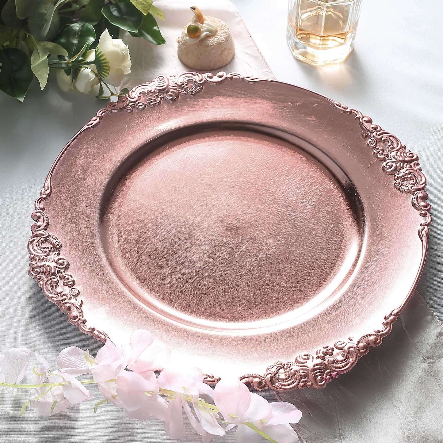 6-Pack Acrylic Round Charger Plates 13" in Rose Gold with Embossed Baroque Rim, Antique Decorative Dinner Party Charger Tableware