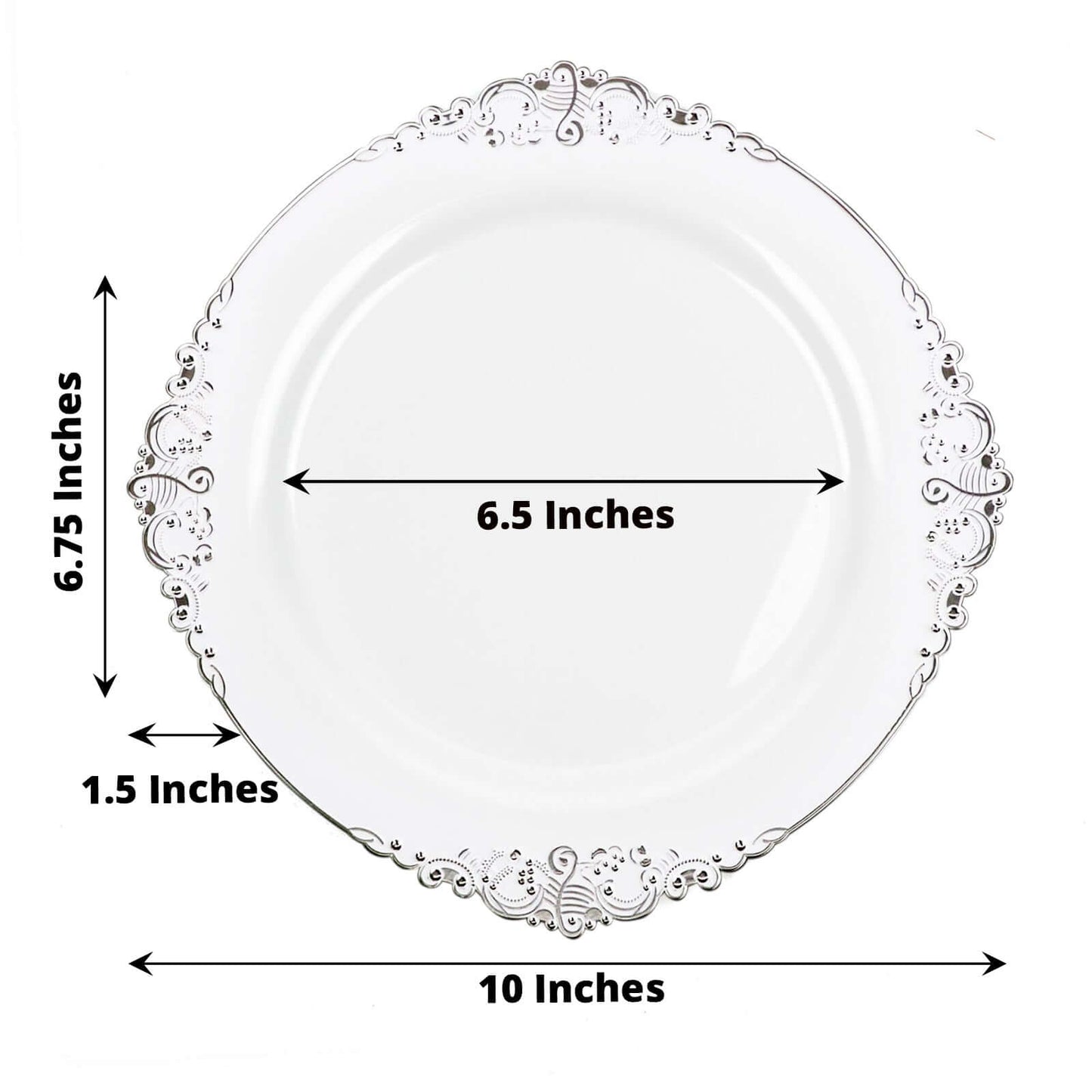 10-Pack Plastic 10" Round Dinner Plates in White with Silver Leaf Embossed Rim - Disposable Vintage Baroque Style Plates