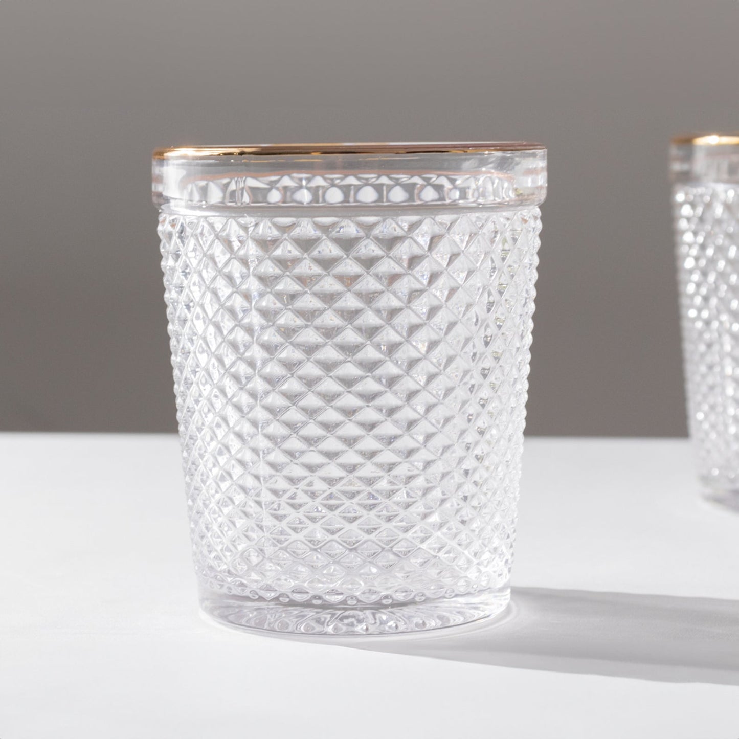 6-Pack Tumbler Glasses Clear Hobnail Design with Gold Rim - Embossed Diamond Pattern Glassware for Drinks & Parties 11oz 4"