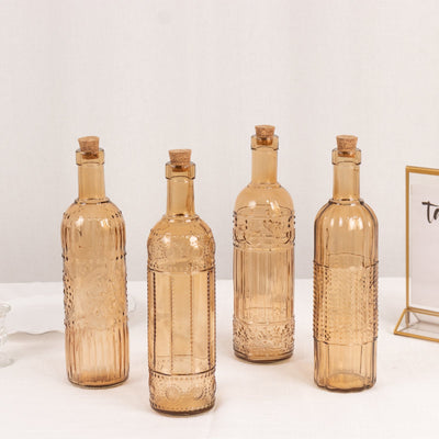 Set of 4 Embossed Glass Bottles Vintage Amber Gold with Corks - Large Flower Bud Vases 16oz 10" Tall