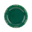 10-Pack Plastic 7" Round Dessert Plates in Hunter Emerald Green with Gold Vintage Embossed Rim - Sturdy Disposable Scalloped Edge Salad Plates