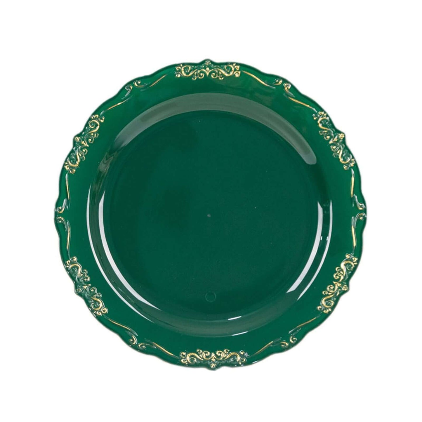 10-Pack Plastic 7" Round Dessert Plates in Hunter Emerald Green with Gold Vintage Embossed Rim - Sturdy Disposable Scalloped Edge Salad Plates