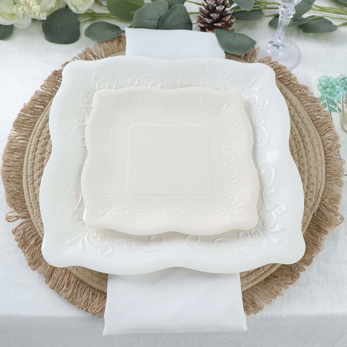 25-Pack Paper 11" Square Dinner Plates in White with Vintage Pottery Embossed Design - Shiny Disposable Serving Plates