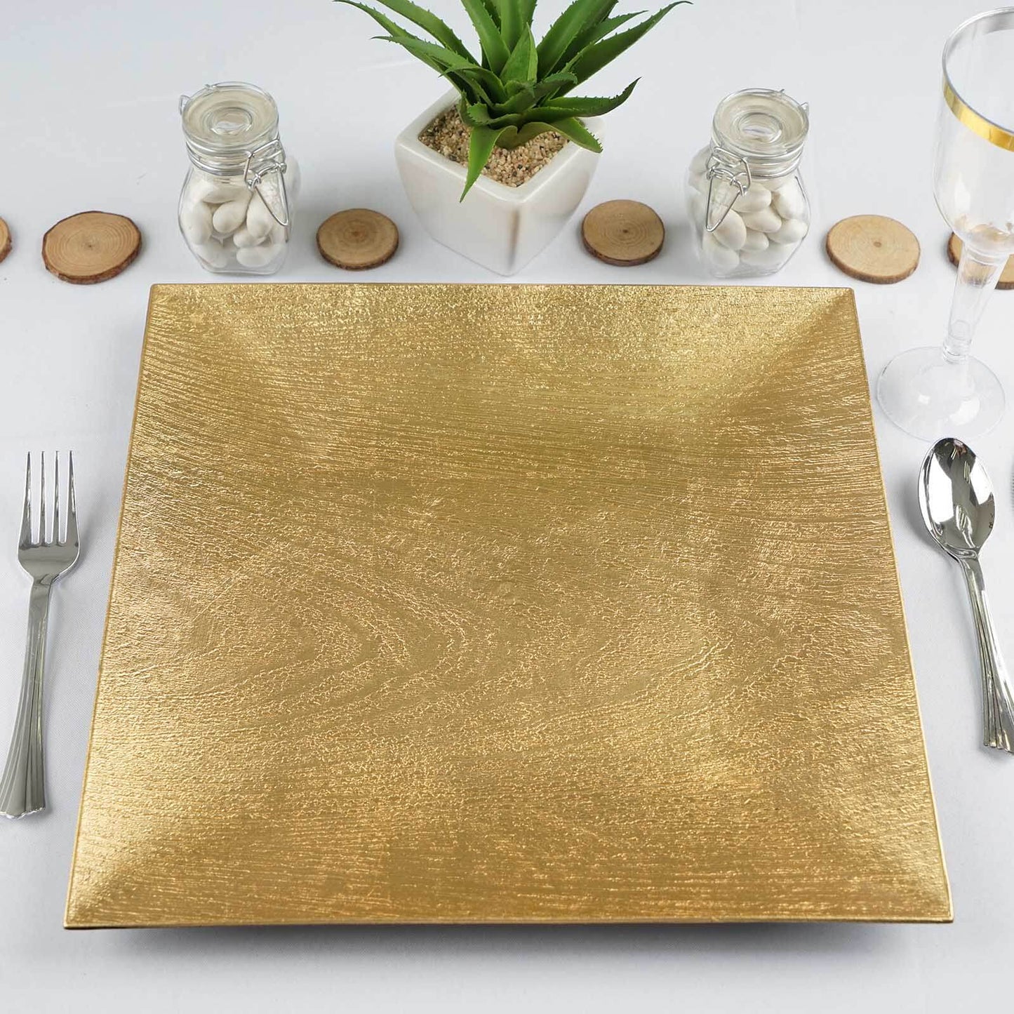 6-Pack Acrylic Square Charger Plates 12" in Gold with Embossed Wood Grain, Boho Chic Dinner Party Decor Charger Tableware