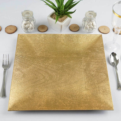 6-Pack Acrylic Square Charger Plates 12" in Gold with Embossed Wood Grain, Boho Chic Dinner Party Decor Charger Tableware