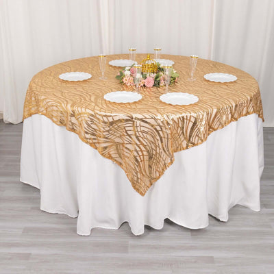 Mesh 72"x72" Table Overlay Square Tablecloth Gold Wave Design with Embroidered Sequins for Stylish Occasions