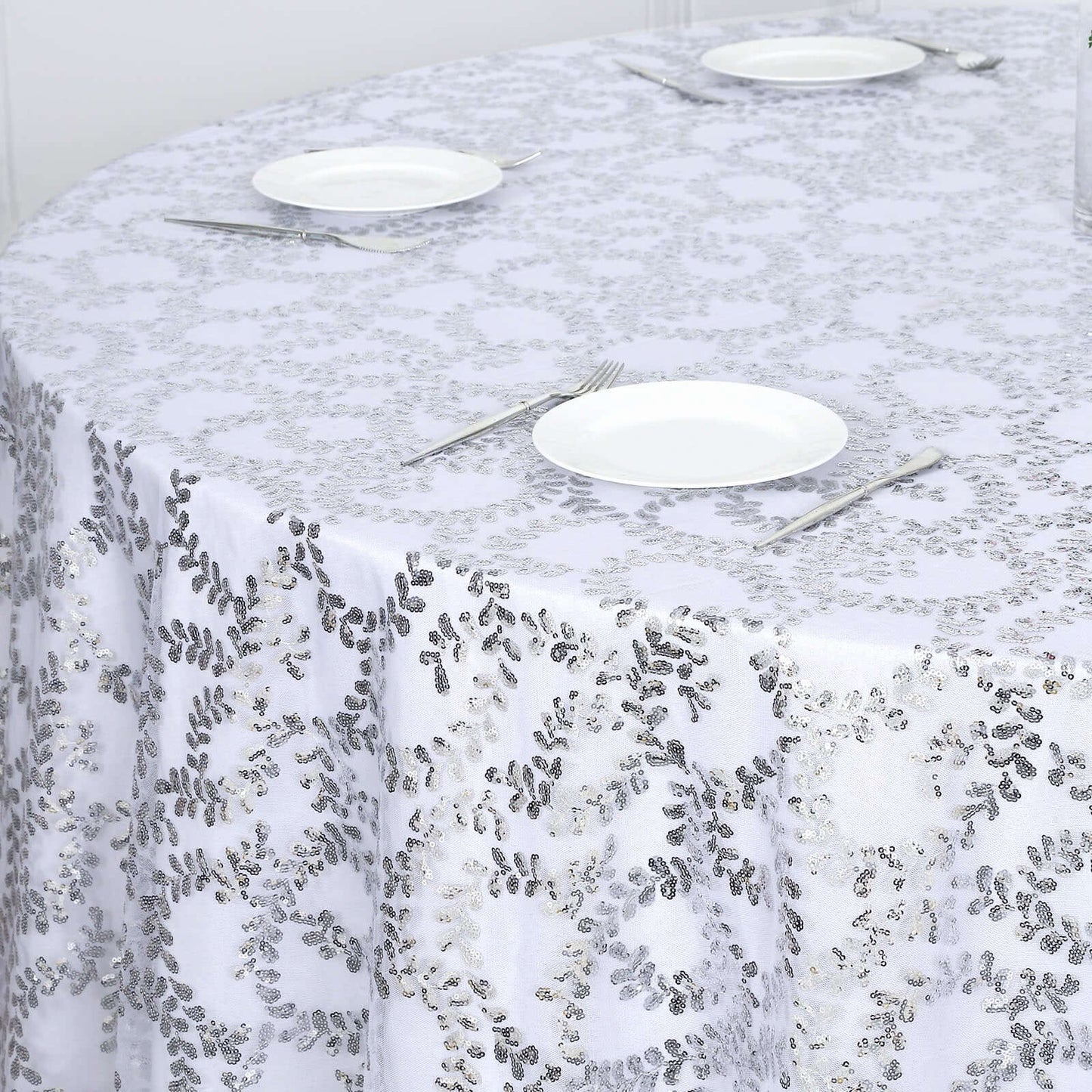 Tulle 120" Round Tablecloth Silver - Seamless Sequin Leaf Embroidered Table Cover