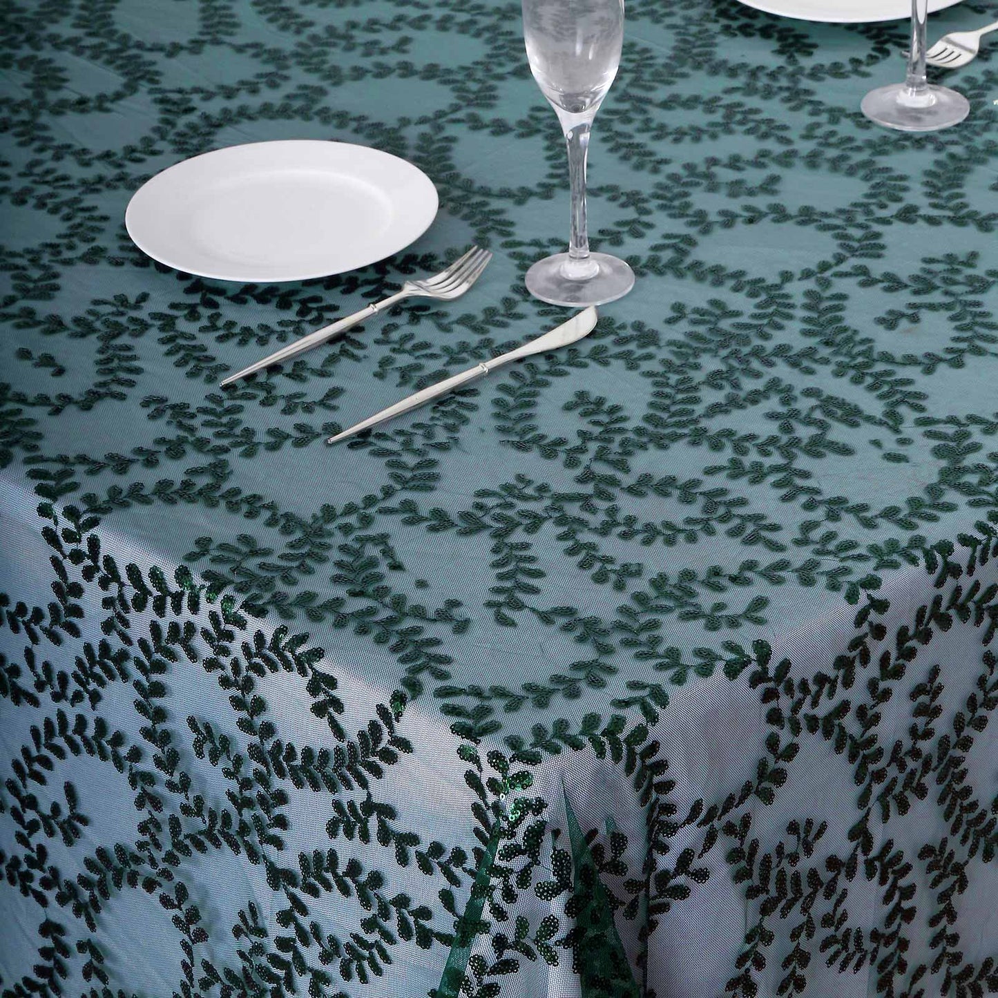 Tulle 90"x156" Rectangle Tablecloth Hunter Emerald Green - Sequin Leaf Embroidered Table Cover