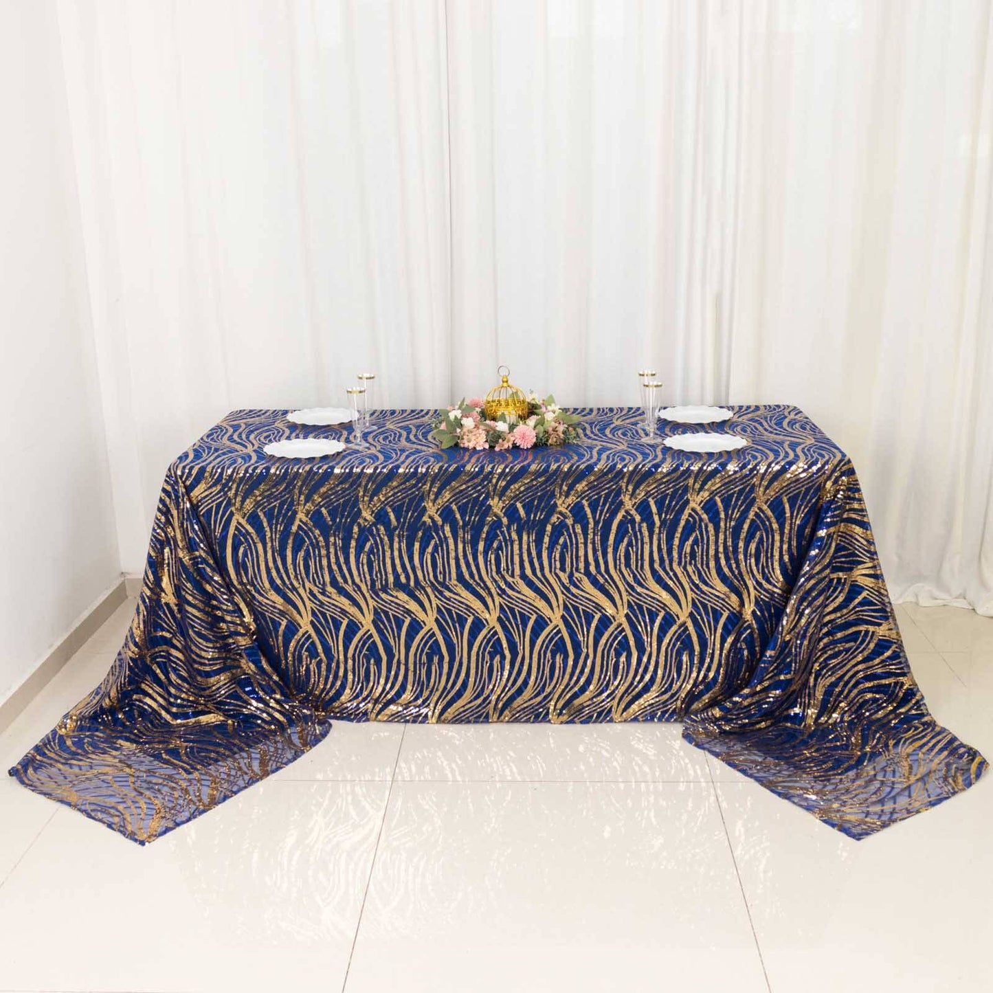 Mesh 90"x156" Rectangle Tablecloth Royal Blue/Gold - Wave Sequin Embroidered Table Cover